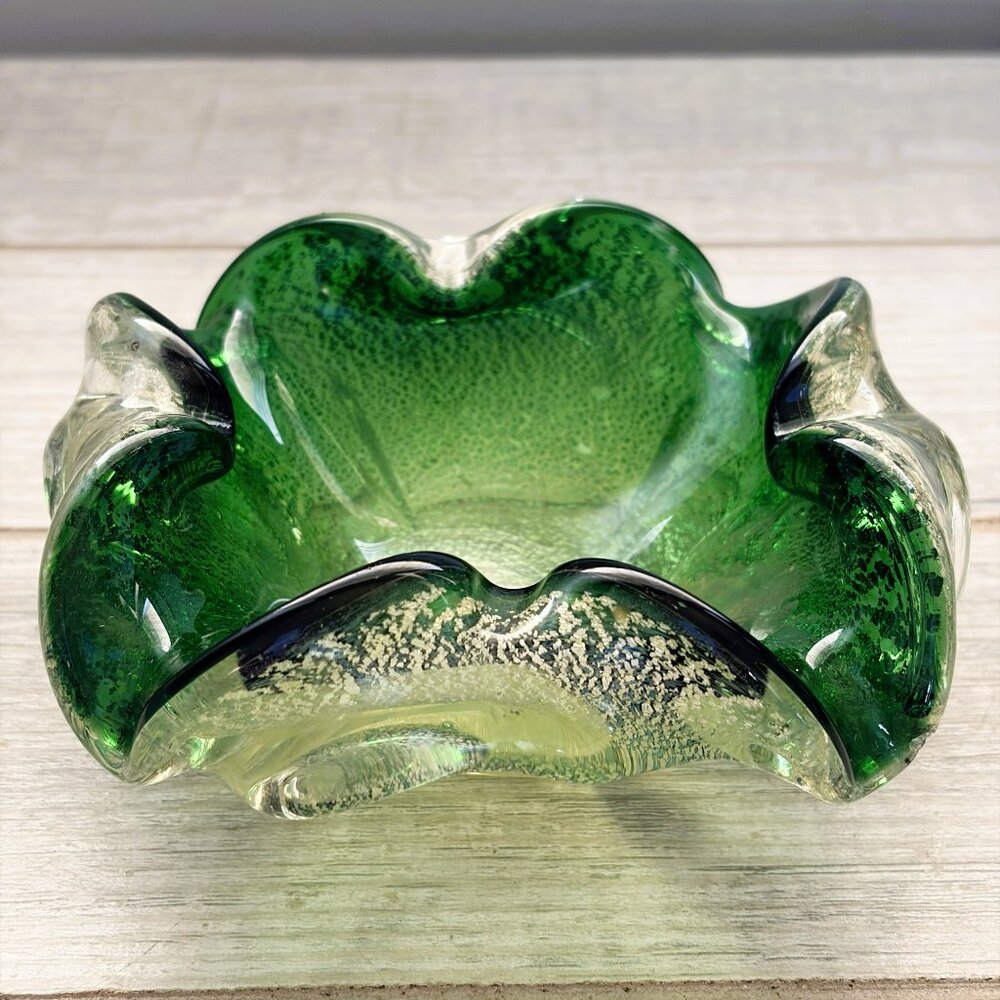 Murano Art Glass Bowl Emerald Green & Silver Aventurine Flecks